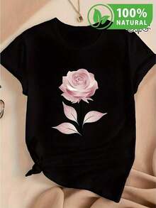 Camiseta de moda mujer en México con diseño de rosa elegante camiseta casual negra perfecta para primavera verano blusas modernas para cualquier ocasión estilo juvenil y único número uno en ideal como regalo combina con todo cómoda y fresca tela de alta calidad - Negro - Ver 1