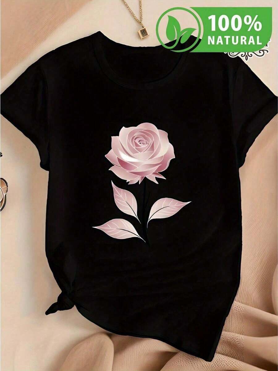 Camiseta de moda mujer en México con diseño de rosa elegante camiseta casual negra perfecta para primavera verano blusas modernas para cualquier ocasión estilo juvenil y único número uno en ideal como regalo combina con todo cómoda y fresca tela de alta calidad - Negro - Ver 1