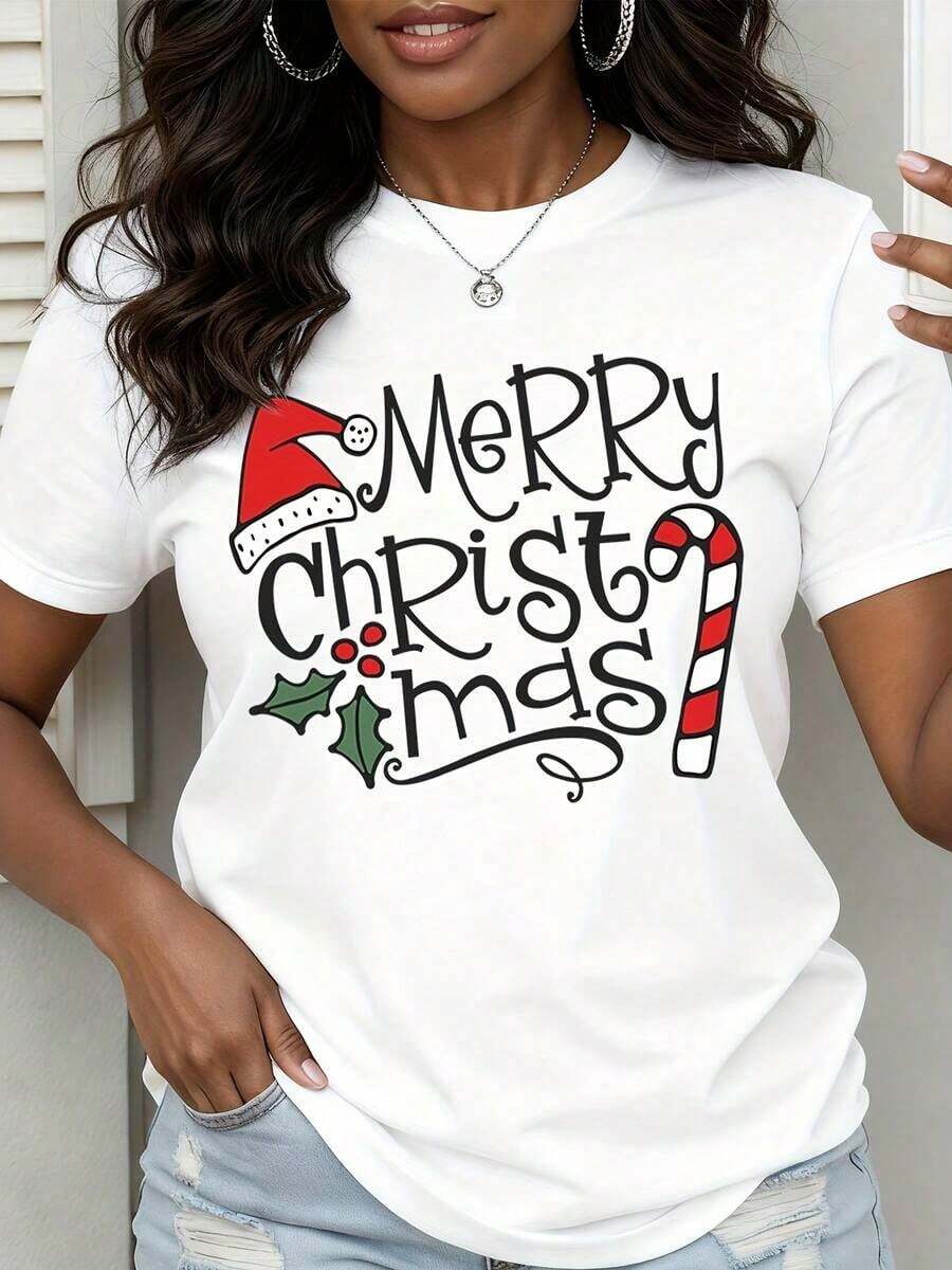 Women's Christmas T-Shirt With Santa Hat And Candy Cane Print, Vintage Urban Style, Unisex, Cotton, Short Sleeve, Round Neck, 100% Cotton - 白色 - 查看 1