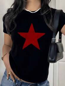 Camiseta con Estampado Gráfico de Estrella Roja, 180g, 1 Pieza, Estilo Casual para Mujer, 100% Algodón, Estilo Minimalista Streetwear - Negro - Ver 9