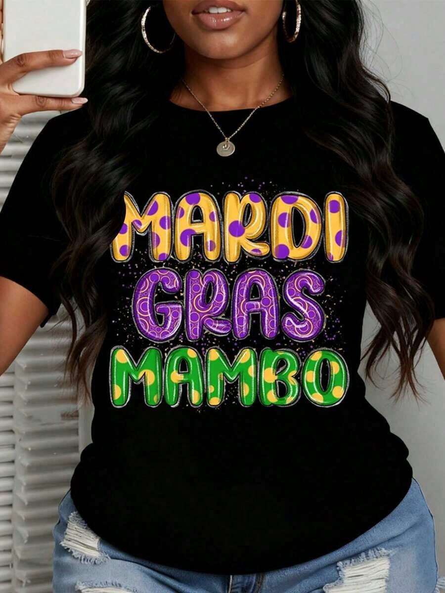 Camiseta Casual de Manga Corta con Cuello Redondo y Estampado Divertido para Mujer, Diseño Mambo de Mardi Gras, 100% Algodón, Ideal para Regalos de Fiesta y Festivales - Estilo Vintage Urbano Unisex, Camiseta Holgada de Manga Corta con Cuello Redondo, 100% Algodón - Negro - Ver 1