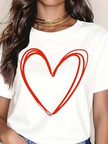 Camiseta con diseño de corazón rojo para mujer, top casual de verano, idea de regalo para el Día de San Valentín, 220g - Estilo vintage urbano, unisex, holgada, de algodón, manga corta, cuello redondo, 100% algodón. - Blanco - Ver 7
