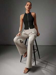 Sleeveless Halter Top With Front Closure And Open Back, Solid Color And Sexy Casual Style For Women - 黑色 - 查看 6