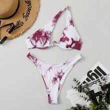 Nuevo y popular traje de baño de dos piezas para mujer, sexy y multicolor, bikini de un solo hombro con aros. - Tie-dye 9 - Ver 1