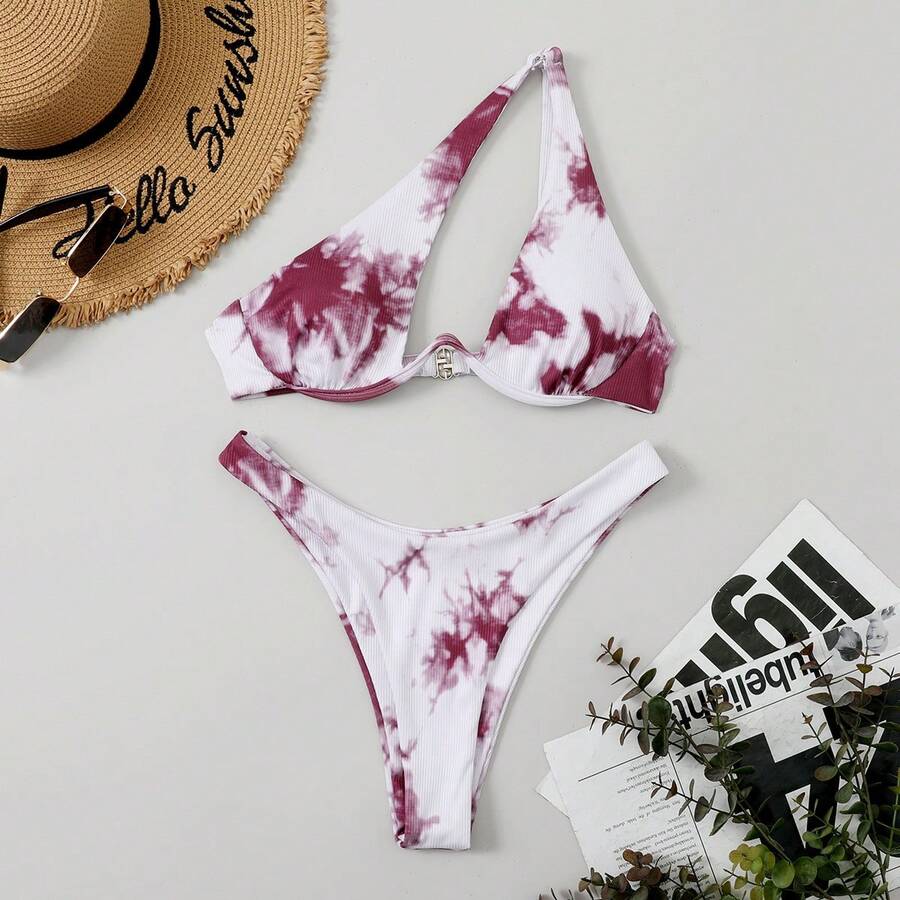 Nuevo y popular traje de baño de dos piezas para mujer, sexy y multicolor, bikini de un solo hombro con aros. - Tie-dye 9 - Ver 1