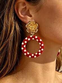 1 Đôi bông tai phong cách Bohemian Hồng Kông thanh lịch, họa tiết hoa vàng và chấm bi đỏ, trang sức thời trang cho nữ mùa hè, tiệc bãi biển. - Nhiều màu - Xem 2