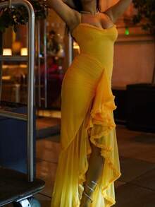 Vestido Mujer Primavera Verano Estilo Europeo Tul Tirantes Irregular Liso Ajustado Estilo Picante Elegante para Fiesta - Amarillo - Ver 7