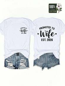 Promovida a Esposa 2026 - Camiseta Divertida para la Cuenta Regresiva de la Boda, Cuello Redondo Casual de Manga Corta con Estampado de Texto, Ropa Casual Cómoda para la Futura Novia, Prenda Divertida para Todas las Temporadas - Blanco - Ver 8