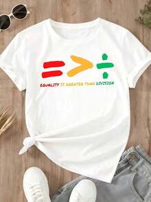 Camiseta Casual para Mujer con Estampado del Símbolo Matemático de Igualdad Es Mayor Que División para Uso Diario y Atuendos Distintivos - Blanco - Ver 2