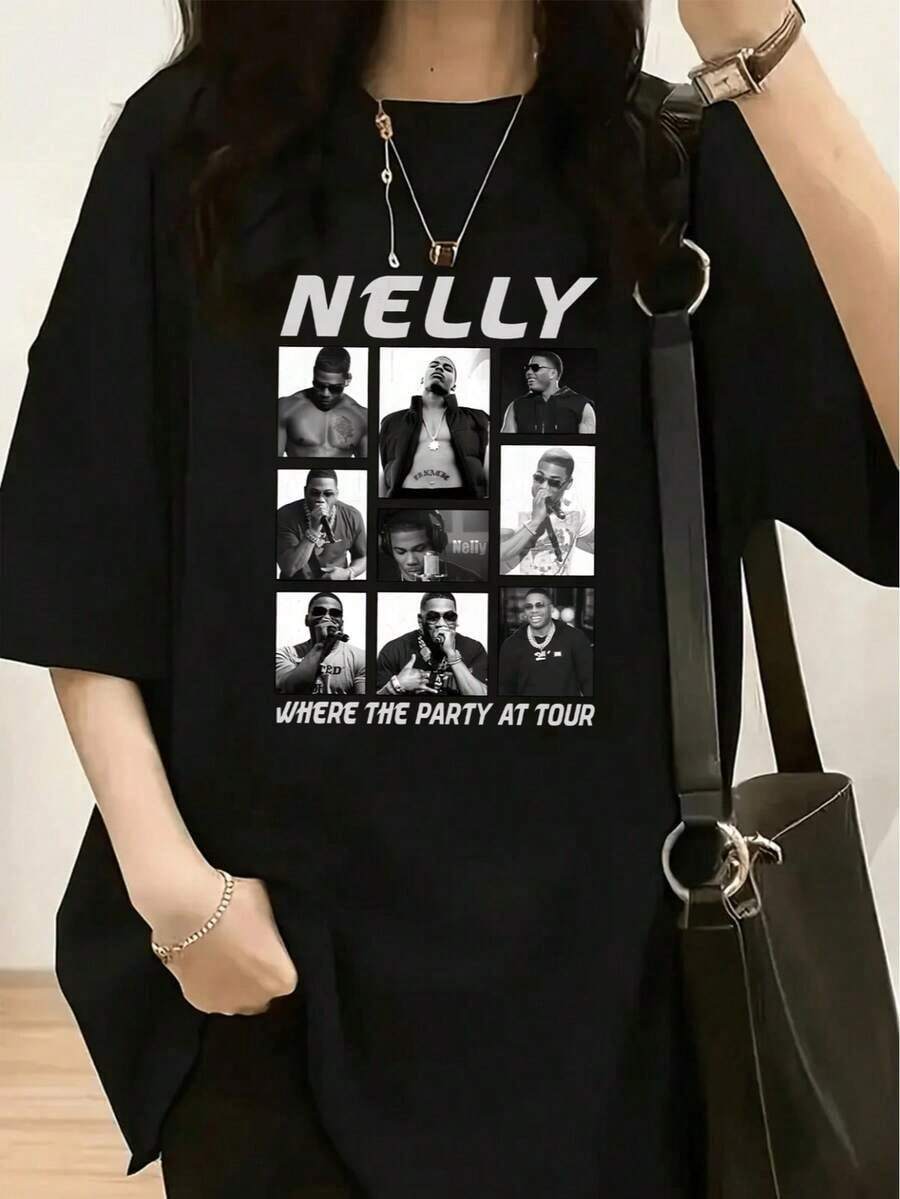 An Elegant Women's T-Shirt For Spring And Summer With A Striking White NELLY Print On The Top And A Grid Of "B Women's T-Shirts". - 黑色 2 - 查看 1