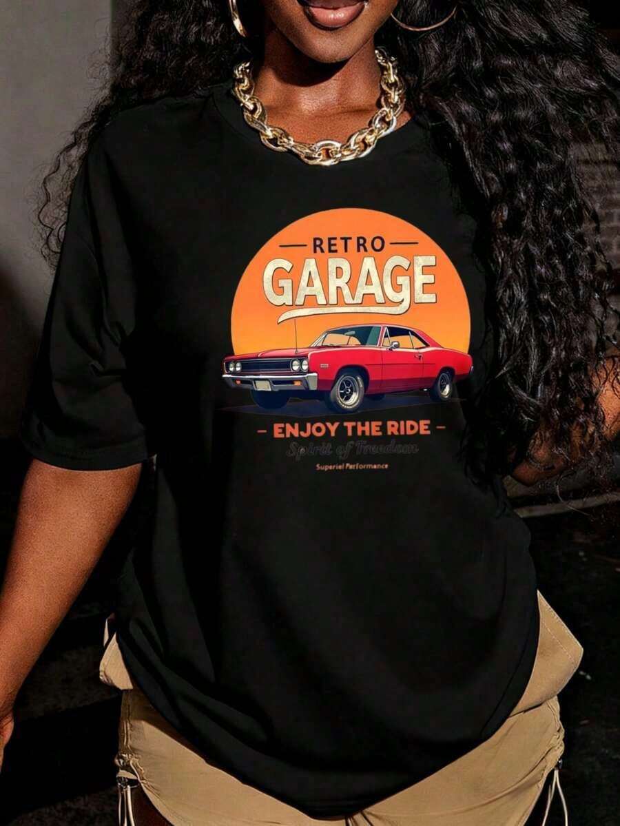 Playera Holgada para Mujer, Estilo Retro de Garaje, Transpirable, para Amantes de los Coches - Negro - Ver 1
