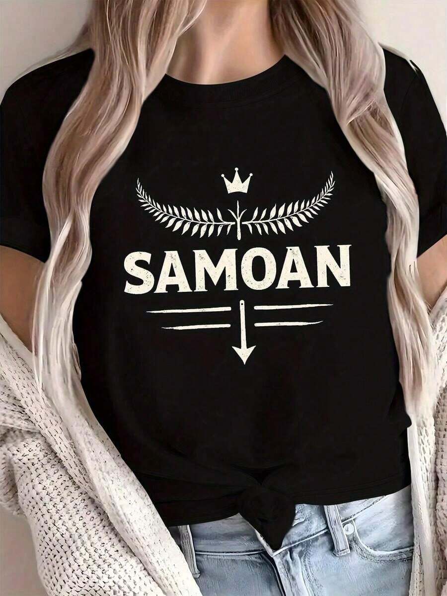 ComfortableCamiseta de Algodón para Mujer con Diseño Vintage de Samoana y Helecho, Camiseta Estampada de Algodón en Tallas GrandesFashion All-match Women's Short Sleeve T-shirt, Basic Style for Inner & Outer Wear - Negro - Ver 1