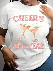 100% algodón, camiseta de mujer "Cheers To The New Year", con estampado de copa de martini y lentejuelas, ideal para celebraciones y fiestas. - Blanco - Ver 8