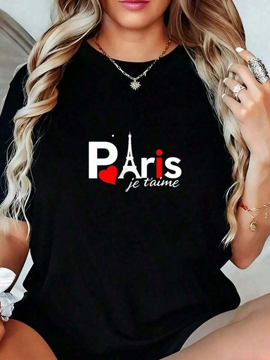 Camiseta Casual de Verano para Mujer - Estampado de Corazón con Patrón de Torre y la Frase "Paris Je'Aime" - Camisetas Gráficas Occidentales para Hombre - Ropa de Verano para Hombre - Camisetas Gráficas para Mujer - Ropa de Verano - Camisetas Gráficas - Ropa de Uso Diario - Negro - Ver 1