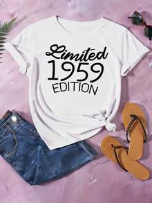 Camiseta de cuello redondo de edición limitada con estampado 1959, camiseta casual de manga corta para primavera y verano, ropa de mujer Blusas Para Mujer Casual. - Blanco - Ver 1