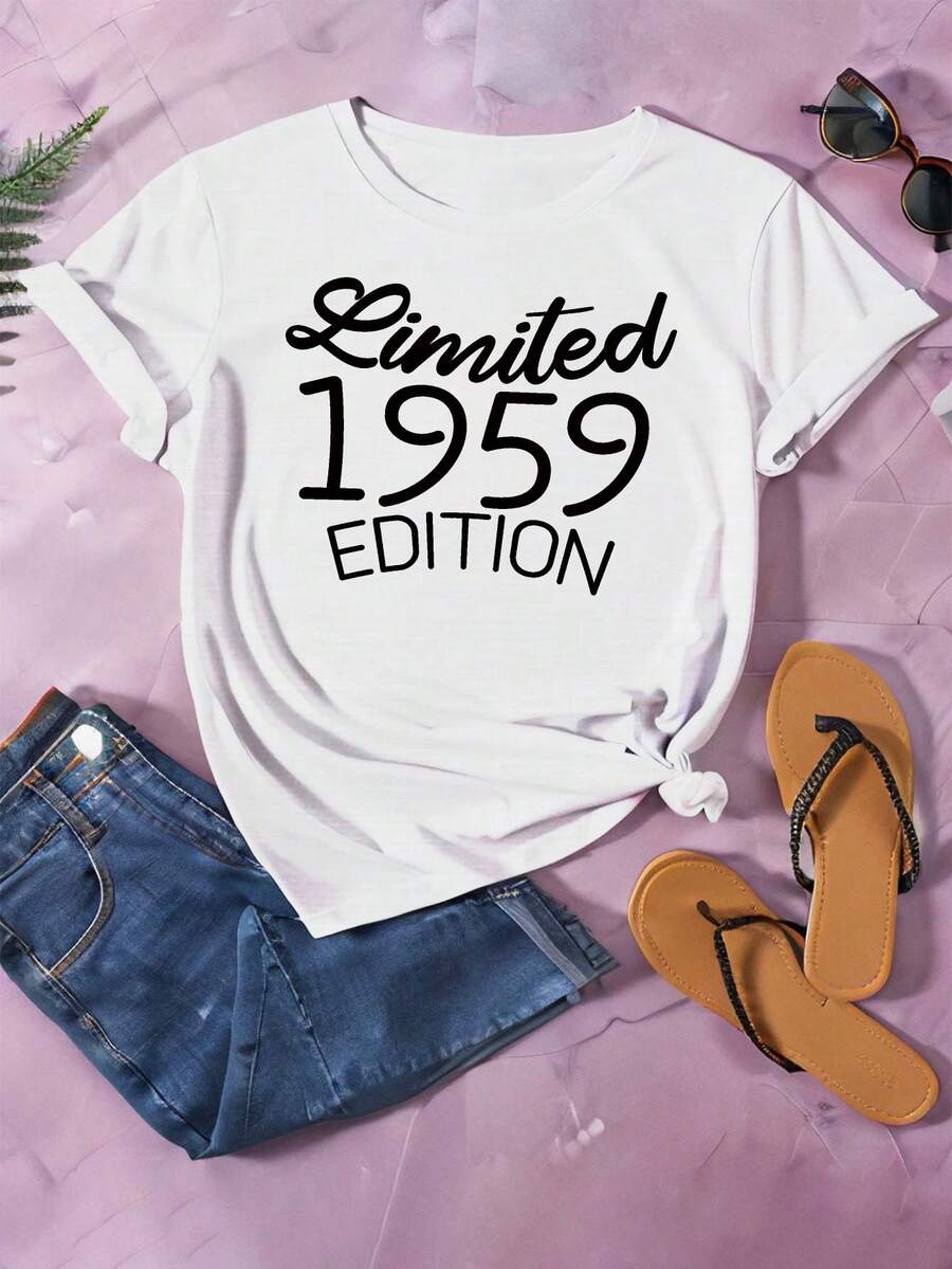 Camiseta de cuello redondo de edición limitada con estampado 1959, camiseta casual de manga corta para primavera y verano, ropa de mujer Blusas Para Mujer Casual. - Blanco - Ver 1