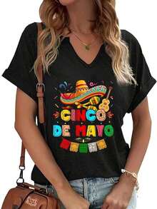 200GSM% Algodón  Cinco De Mayo Camiseta con cuello en V para mujer, para mexicana, camiseta de guitarra, sombrero 5 de mayo, camiseta gráfica de manga corta W6KB - Negro - Ver 7