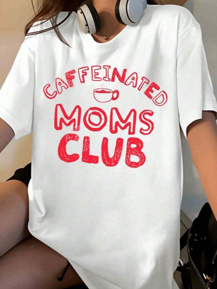 Camiseta del Club de Mamás Cafeinadas para Mujer, Camiseta Divertida para Amantes del Café, Regalo para Madres, Ropa Casual [Adecuada para Ocasiones de Ocio y Deportivas] Playera Holgada para Mujer - Blanco - Ver 1