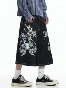 1 buah Celana Pendek Denim Hitam Kasual Longgar Gaya Streetwear Korea Justice Brother dengan Cetakan Personalisasi, Desain Sederhana (Sabuk dan Aksesoris Tidak Termasuk) - Hitam - View 4