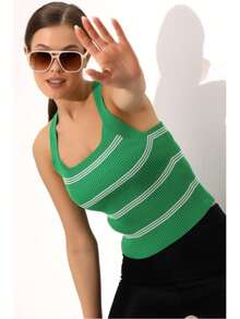 Cross-Strap Knitted Tank Top/Knitted Blouse - Green - View 2