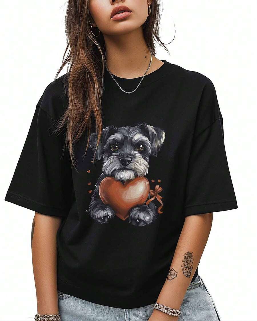 Camisetas para Mujer de Manga Corta de Algodón con Cuello Redondo, Camisetas con Estampado de Corazón de Perro Maltés, Camisetas Básicas Casuales, Tallas XS-5XL, Color Negro XS - Negro - Ver 1