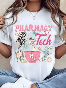 Camiseta de Mujer con Estampado de Técnico de Farmacia, Cuello Redondo, Ropa Casual, Regalo para Técnico de Farmacia, camisa elegante adecuada para fiestas. - Negro - Ver 1