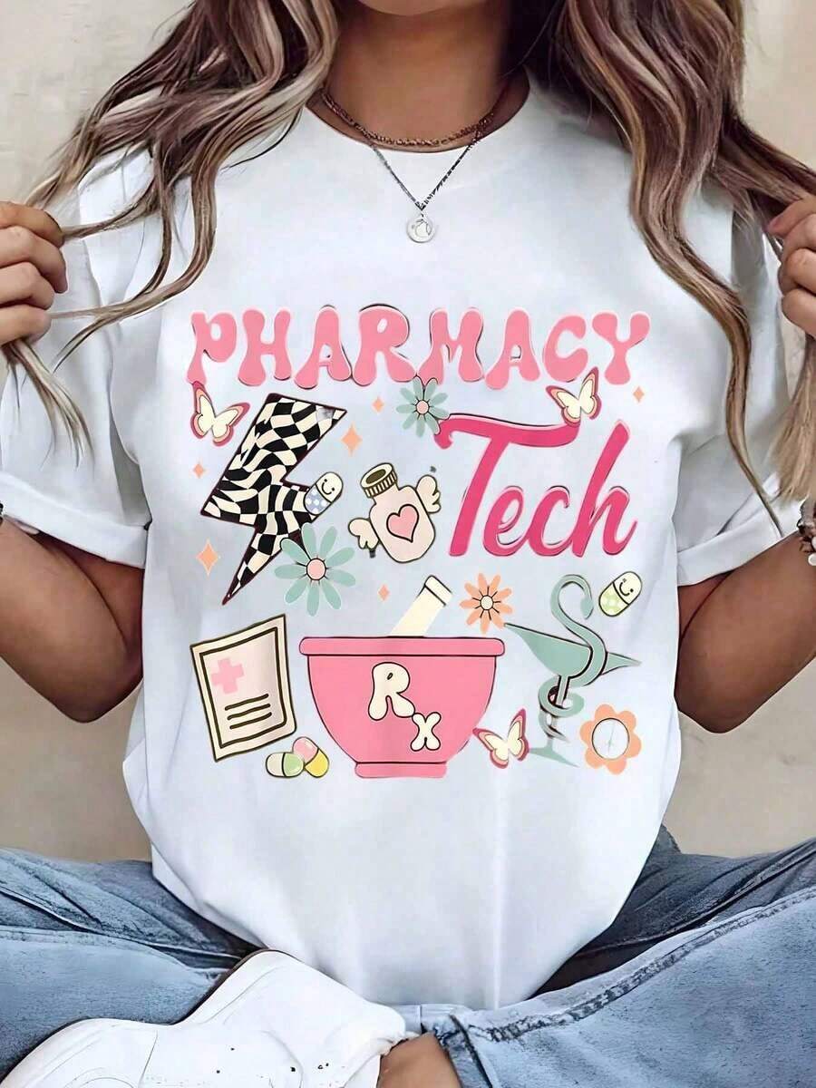 Camiseta de Mujer con Estampado de Técnico de Farmacia, Cuello Redondo, Ropa Casual, Regalo para Técnico de Farmacia, camisa elegante adecuada para fiestas. - Negro - Ver 1