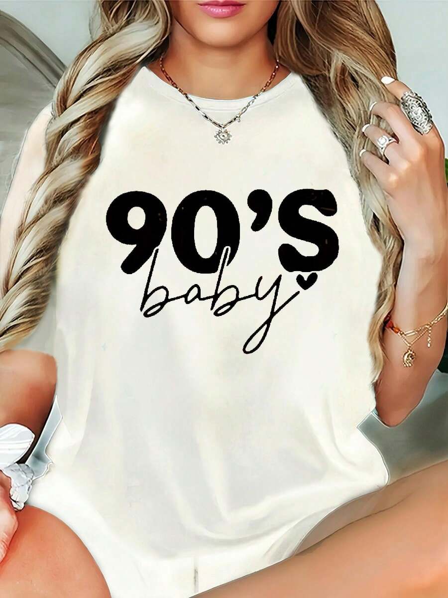 Tops Casuales Diarios para Mujer | Camiseta holgada de manga corta con estampado, cuello redondo, estilo casual, estampado de letras, primavera/verano, talla estándar B1. - Blanco - Ver 1