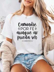 Round Neck Camiseta De Mujer Con Estampado Del Alfabeto Español, Cuello Redondo Y Manga Corta, Tejido Elástico Medio, Ideal Para Primavera/VeranoWomen Standard Size Casual T-Shirt Breathable Lightweight Short Sleeve Tee Blusas Para Mujer Casual - Blanco - Ver 7