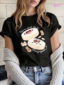 Oversize, Manga CortaMYNOVA C 1 pieza Camiseta de Algodón Suave para Mujer con Estampado de Pastel Matcha, Algodón, Diseño Kawaii, Perfecta para Regalar a Amigas y Familiares, Ideal para el Día de la Madre, Moda Primavera Verano, Ropa Casual, Ajuste Cómodo, Vestidos de Mujer a la Moda para Verano, Casual, Perfecta para Todas las Temporadas, Tallas S M L XLAlgodón 100% - Negro - Ver 3