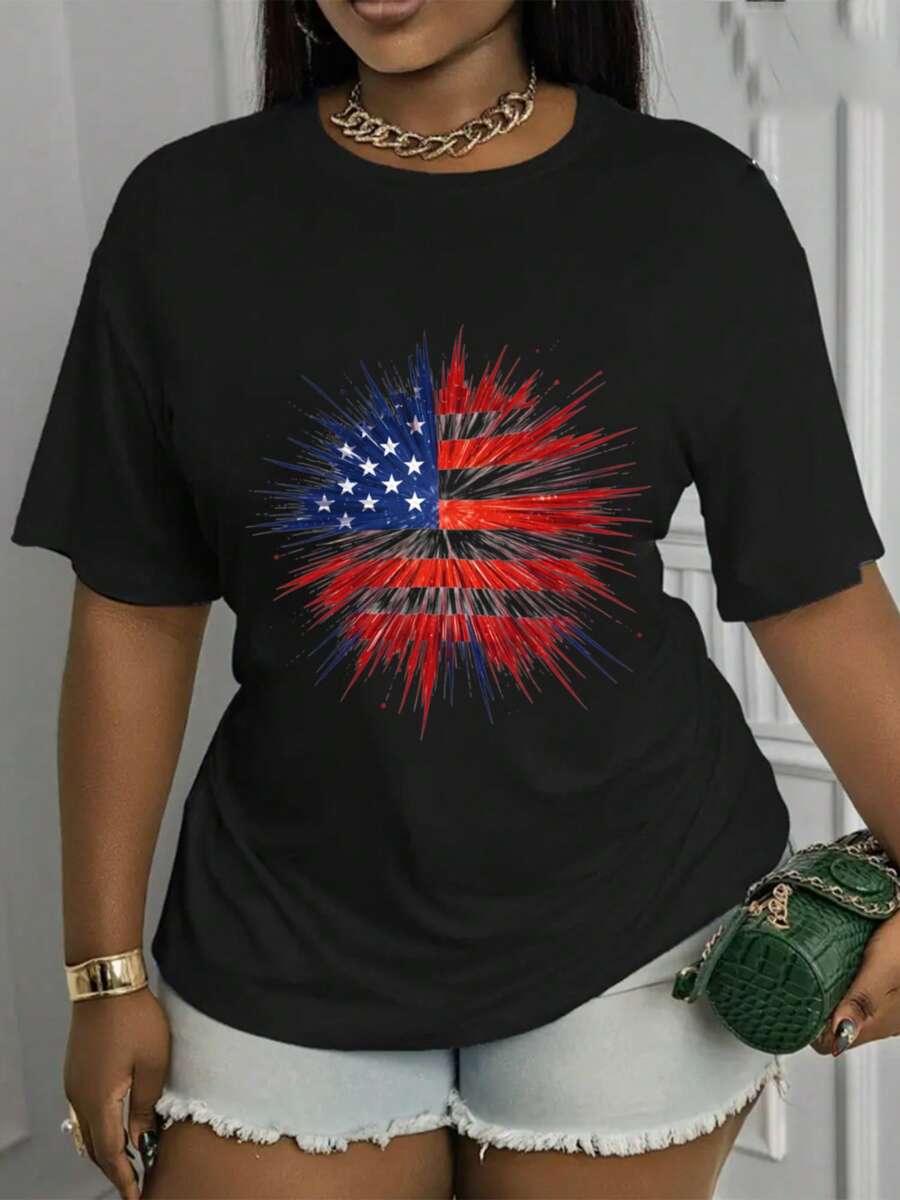 Soft, Breathable, And Lightweight For All-Day Comfort. This Casual Short-Sleeve T-Shirt Features A Crew Neck And An Independence Day Print. Suitable For All Seasons, It Offers A Comfortable Fit, Is Machine Washable, And Is Ideal For Everyday Wear. It Boasts A Stylish Design And A Relaxed Fit. The Classic Crew Neck And Relaxed Cut Flatter All Body Types And Are Easy To Pair With Jeans, Shorts, And Leggings. - 黑色 - 查看 1