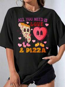 Camiseta Negra y Blanca para Niña, Linda Camiseta Oversize Blanca con Estampado de Corazón y Rebanada de Pizza, Ideal para Uso Casual, Atuendos de San Valentín, Fiestas al Aire Libre, Camiseta Estampada Casual - Negro - Ver 1
