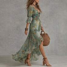 Women's Boho Floral Chiffon Maxi Dress Deep V Neck 3/4 Sleeve Ruched Waist High Slit Ruffle Hem Summer Party Dress - 綠色 - 查看 2