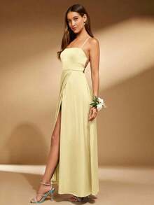 Vestido corto casual de mujer tipo minifalda con tirantes de espagueti, espalda cruzada y sin espalda, vestido de dama de honor - Amarillo - Ver 3