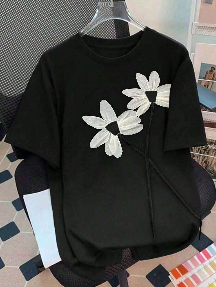 Camiseta de manga corta con cuello redondo y estampado floral, camisetas gráficas para mujer - Negro - Ver 1
