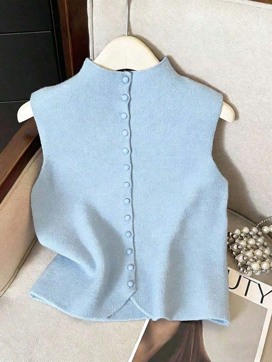 Suéter de mujer de punto con cuello alto, sin mangas, diseño de botones, suelto y casual, color rojo, para primavera/otoño - Celeste - Ver 1