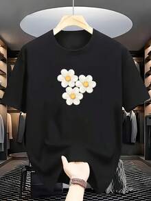 Camiseta de manga corta y cuello redondo con un diseño fresco y dulce de tres pequeñas margaritas (pétalos blancos y centros amarillos), que encarna una mezcla de romance floral primaveral y vibraciones curativas vintage en su estilo, 100% algodón, camiseta estampada - Negro - Ver 2