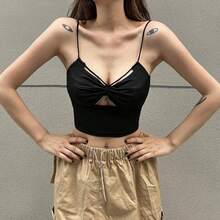 Camiseta sin mangas de tirantes finos para mujer, sin mangas, con escote en V, espalda descubierta, color liso, corte ajustado, estilo crop top de verano. - Negro - Ver 1