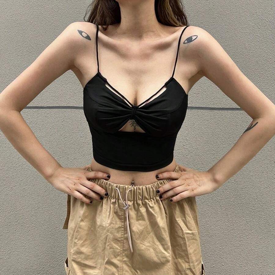 Camiseta sin mangas de tirantes finos para mujer, sin mangas, con escote en V, espalda descubierta, color liso, corte ajustado, estilo crop top de verano. - Negro - Ver 1