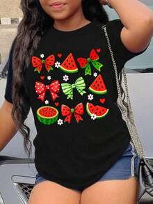 Women's Oversized Short Sleeve Summer T-Shirt With Watermelon Graphic Print, Round Neck, Casual Style, For Summer And Spring, Women's Clothing, 100% Cotton - 黑色 - 查看 1