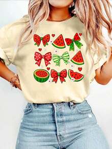 Women's Oversized Short Sleeve Summer T-Shirt With Watermelon Graphic Print, Round Neck, Casual Style, For Summer And Spring, Women's Clothing, 100% Cotton - 杏色 - 查看 1