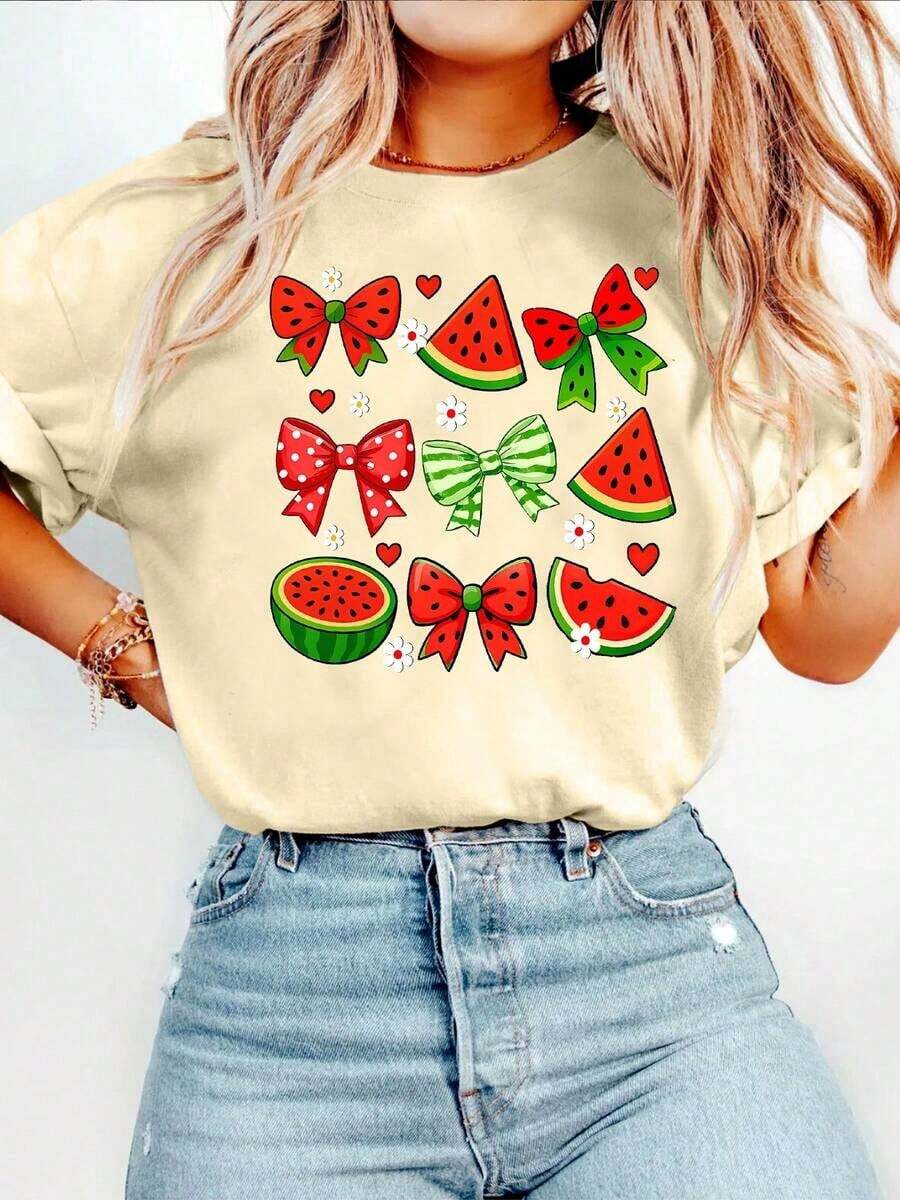 Women's Oversized Short Sleeve Summer T-Shirt With Watermelon Graphic Print, Round Neck, Casual Style, For Summer And Spring, Women's Clothing, 100% Cotton - 杏色 - 查看 1