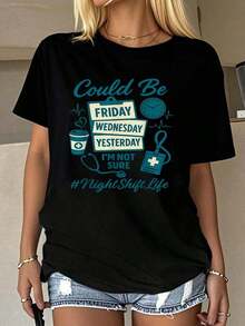 Camisetas gráficas de manga corta para mujer, divertidas camisetas de enfermería para el turno de noche, camisetas gráficas para la semana de la enfermera, camisetas de verano para mujer, camisetas de cuello redondo, ropa de mujer 100% algodón, conjuntos de ropa para mujer, ropa de otoño para mujer, camisetas negras, camisetas vintage. - Negro - Ver 7