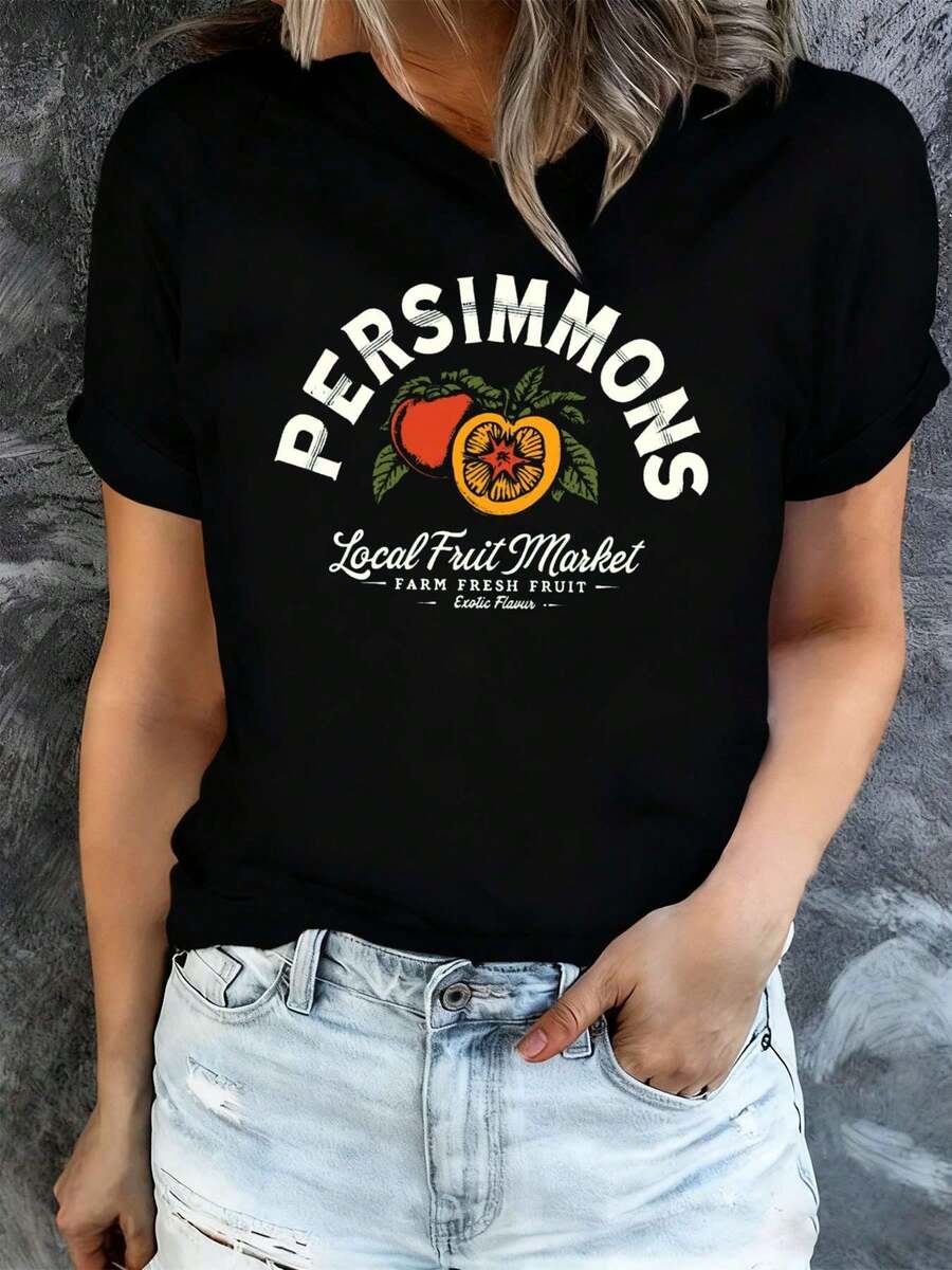 Camiseta negra para mujer, con un diseño de caqui inspirado en el mercado local de frutas, perfecta para el verano. Esta elegante prenda lavable aáquina, adecuada para todas las estaciones y - Negro - Ver 1