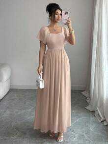 Vestido largo de línea A holgado, de unicolor rosa naranja, con cuello cuadrado, cintura alta elástica, parche de punto, gasa transparente, manga abullonada fruncida, minimalista, elegante, casual, cómodo y versátil, para uso diario y vacaciones - Burdeos - Ver 11