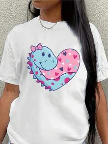 Camiseta de manga corta de poliéster, decorada con lindos diseños de dinosaurios y corazones, adecuada para uso casual en casa o al aire libre, ligera y cómoda, ideal para el uso diario en la cocina, la sala de estar o el jardín. - Blanco - Ver 1