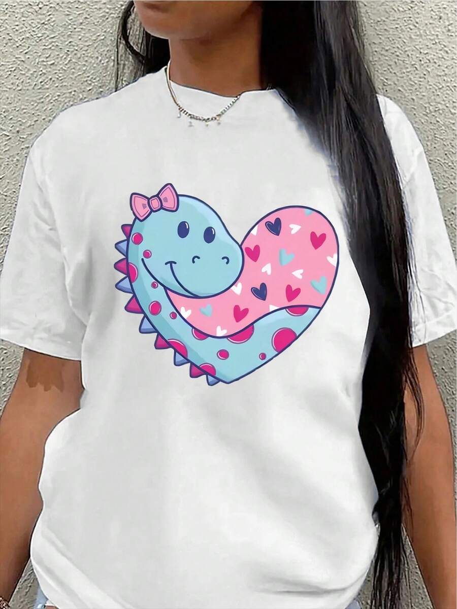 Camiseta de manga corta de poliéster, decorada con lindos diseños de dinosaurios y corazones, adecuada para uso casual en casa o al aire libre, ligera y cómoda, ideal para el uso diario en la cocina, la sala de estar o el jardín. - Blanco - Ver 1