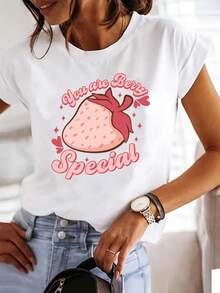 Camiseta de mujer con estampado de fresas, cuello redondo ajustado, camiseta de manga corta a la moda para mujer. - Blanco - Ver 1