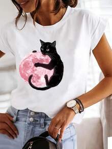 Camiseta de mujer, camiseta de verano con estampado de gato y luna, cuello redondo ajustado, camiseta de manga corta a la moda para mujer. - Blanco - Ver 7