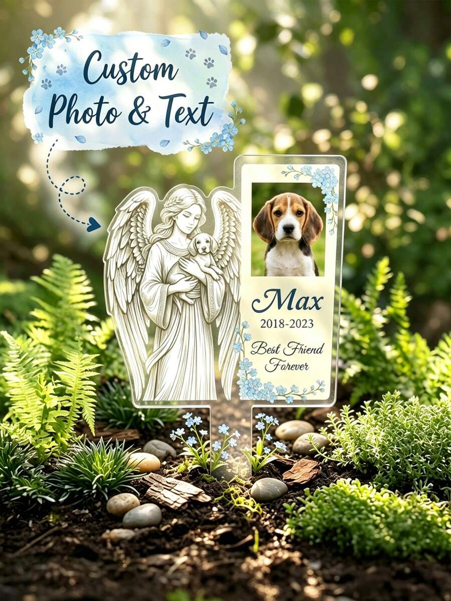 1pc Custom Photo Pet Memorial Acrylic Stake, Personalized Text Pet Grave Marker, Customizable Name & Date Dog Memorial Ornament, Angel Holding Dog Sketch Design With Forget-Me-Not Floral Border - Baby Blue - View 1